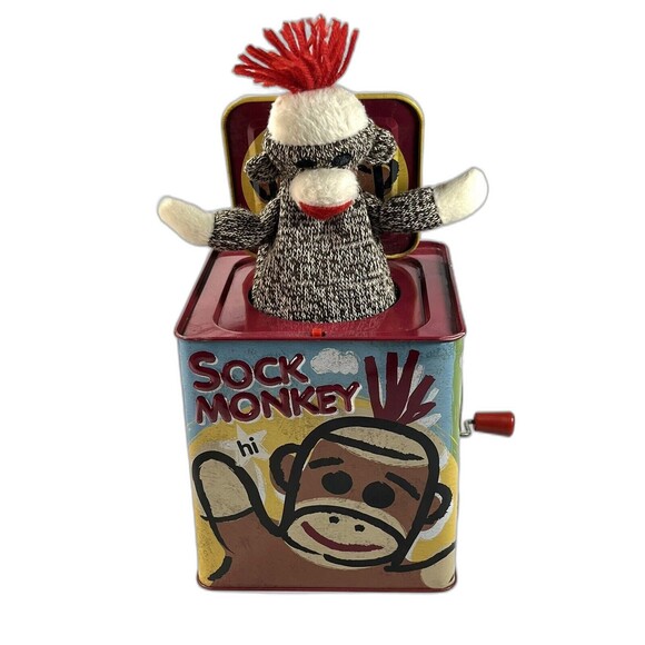 Sock Monkey JACK IN BOX Toy SCHYLLING 2008 Kids Childrens Metal Toys - Picture 2 of 9